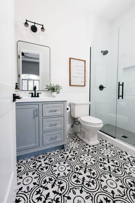 Modern Farmhouse Bathroom 2023, Forever Honey, Sleek Bathroom Design, Black And White Bathroom Floor, Simple Home Design, Black And White Tiles Bathroom, Updated Bathroom, Patterned Bathroom Tiles, Patterned Tile