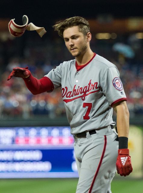 Professional baseball shortstop Trea Turner currently plays for the Washington Nationals of Major League Baseball (MLB). Trea Turner Wallpaper, Trea Turner, Baseball Wallpaper, Messi And Ronaldo, Mlb Players, Mens Club, Washington Nationals, Baseball Softball, Baseball Players