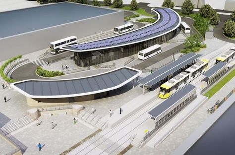 The new Wythenshawe transport hub and interchange Public Transportation Design, Public Transport Architecture, Bus Stop Design, Hub Design, Terminal Bus, Transport Hub, Landscape Design Drawings, Future Buildings, Airport Design