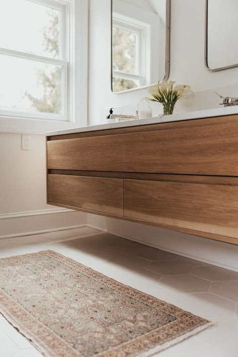 Bathroom with floating vanity and hexagonal tile Floating Wood Bathroom Vanity, Floating Vanity Bathroom Modern Wood, Custom Floating Vanity, Floating Vanity With Linen Cabinet, Dark Wood Floating Vanity, Teak Floating Vanity, Floating Vanity Master Bath, Walnut Vanity Bathroom Ideas, Floating Modern Vanity