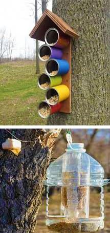 Bird Feeders and Birdhouses, 55 DIY Outdoor Home Decor Ideas for Winter Gardens Bird Feeders For Kids To Make Recycling, Bird Feeder Homemade, Can Bird Feeder, Diy Garden Bird Feeder, Bird House Diy Recycled, Birds Feeders Diy, Bird Feeders From Plastic Bottles, Tin Can Bird Feeder, Easy Bird Feeders