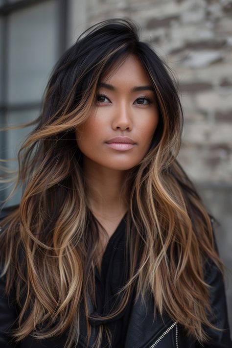 Step into the world of caramel balayage hairstyles - a chic and adaptable choice to enhance all hair textures. No matter if you have luscious dark curls, sleek brunette locks, or edgy black strands, caramel highlights add a touch of luminosity. Embrace this trend across various lengths - from sassy bobs to cascading waves - for a flawless, effortless finish. Shag Ombre Hair, Dark And Caramel Balayage, Brown Hair With Caramel Highlights Ombre, Black Hair To Brown Balayage, Carmel Brown Balayage Hair On Black Hair, Long Brunette Hair With Layers Balayage, Dark Balyage Long Hair Brunettes, Fall Hair Color For Brunettes Caramel Low Lights Dark Brown, Partial Highlights For Brunettes Caramel