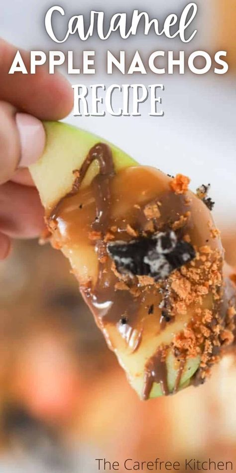 These Apple Nachos are a quick and easy dessert to satisfy your sweet tooth with very little preparation. Crisp apple slices are drizzled with homemade caramel sauce, then covered in crushed Oreos, chopped candy bars and any of your other favorite toppings. #thecarefreekitchen #dessert #caramel #apple #nachos #caramelsauce #oreos #candy #halloween Caramel Apple Nachos, Apple Nachos Recipe, Apple Nachos, Creamy Pie, Easy Sweets, Homemade Caramel Sauce, Crisp Apple, Candy Halloween, Crushed Oreos