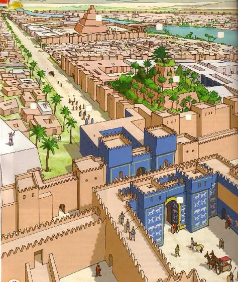 Immagine fantasiosa di Babilonia, circondata dalle sue mura e della Porta di Ishtar, da cui passa la via Sacra. Ancient Babylon, Gardens Of Babylon, Ancient Near East, Ancient Mesopotamia, Bible History, Ancient Maps, Egypt Art, Fantasy City, Mesopotamia