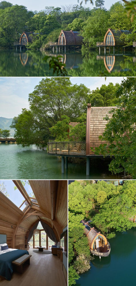 The "boat room" concept is rooted in a local tradition of #boat living by the "nine fishing families" from the Ming to Qing dynasties. Nestled among trees, the five rooms gracefully float two-thirds above the lake, reflecting the historical water tribe culture. Learn more at Architonic.com #architonic #architecture #organicarchitecture #hoteldesign #hotelarchitecture #riverside #hotelroom #hotelinterior #exotichotel #architecturalphotography House On The River Ideas, Community Living Architecture, Boat Inspired Architecture, Lake Landscape Architecture, Riverside Architecture, Moving Architecture, House By The River, Riverside Landscape, Biomimicry Architecture