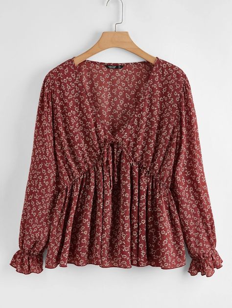 Plus Allover Print Flounce Sleeve Peplum Blouse | SHEIN USA Boho Plus Size, Peplum Shirt, Peplum Shirts, Vestido Plus Size, Chic Blouses, Floral Peplum, Ditsy Floral Print, Styl Boho, Peplum Blouse