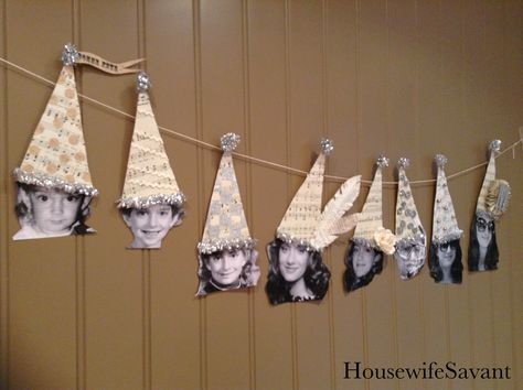 birthday banner, picture garland, party hats Picture Garland Birthday, Party Decorations 21st Birthday, Small 21st Birthday Party Ideas, Birthday Banner With Pictures, Handmade Banner Ideas, Diy Birthday Garland Banner, Funny Birthday Banner, Birthday Face Banner, Vintage Birthday Party Theme