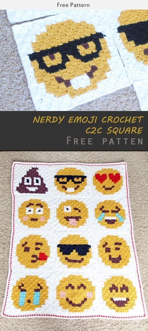 NERDY EMOJI CROCHET C2C SQUARE FREE PATTERN #Freepattern #Crochet Crochet Solid Granny Square, Granny Square Ideas, Crochet Square Pattern, Solid Granny Square, Love Ideas, Dream Catcher Patterns, Crochet Keychain Pattern, Crochet Wall Hangings, Easy Crochet Projects