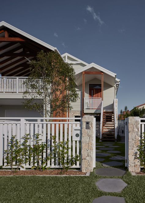 Duplex Front Yard, Front Fence Design, Coastal Style Home, Raked Ceiling, Stone Fence, Timber Vanity, Grand Kitchen, Yard Fence, Burleigh Heads