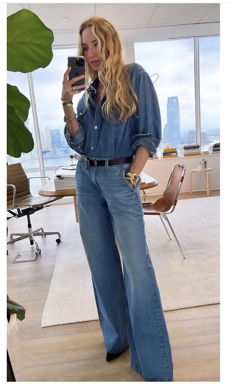 Brown Shirt With Blue Jeans, Canadian Suit Denim Outfit, Denim Tuxedo Outfit, Jean Shirt With Jeans Outfit, Denim Shirt Outfit 2023, Canadian Tuxedo Aesthetic, Denim On Denim Outfit Fall, Denim On Denim Outfit 2023, Oversized Long Sleeve Denim Top For Work