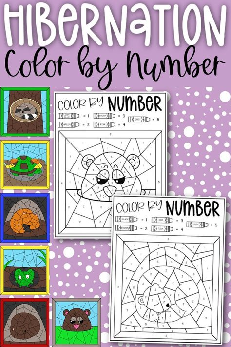 Free Color By Number Hibernation Coloring Pages. Use these as an extra resource when teaching and learning how animals hibernate in the winter. Hibernation Preschool Crafts, Hibernation Preschool Activities, Free Color By Number, Hibernation Preschool, Hibernating Animals, Hibernation Activities, Unit Study Ideas, Animals That Hibernate, Color By Number Printable