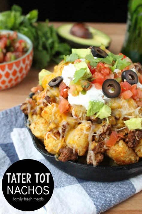 Tater Tot Nachos Tot Nachos, Tater Tot Nachos, Fresh Meals, Family Fresh Meals, Taco Casserole, Nachos Recipe, Taco Salad, Cast Iron Skillet, Iron Skillet