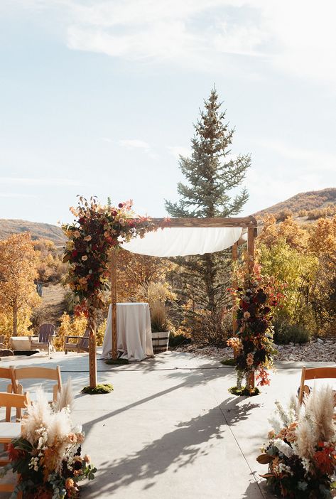 Plum hydrangea, burgundy red dahlias, fall foliage, toffee rose, burgundy scabiosa ceremony chuppah floral Huppah Wedding Fall, Fall Chuppah Ideas, Fall Chuppah Flowers, Fall Wedding Chuppah, Fall Chuppah, Rustic Chuppah, Wedding Chuppah Flowers, Burgundy Scabiosa, Huppah Wedding