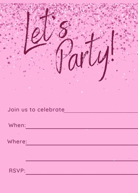 This Invitation Templates item is sold by CraftcreekBoutique. Ships from United States. Listed on Sep 7, 2024 Pink Birthday Invites, Pink Party Invitations, Pink Invitation Template, Pink Glitter Invitations, Confetti Invitation, Pink Confetti, Sweet 16 Invitations, Pink Invitations, Invitation Digital