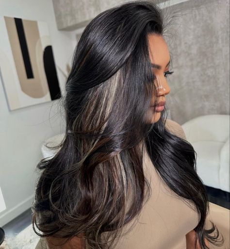 Dark Hair Dark Highlights, Straight Hairstyles Curled Ends, Highlights On Bottom Half Of Hair, Black Hair With Dimensional Highlights, Dark Hair With Blonde Streaks, Wag Hair, Hidden Highlights Hair, Blonde Streaks In Dark Hair, Money Piece On Dark Hair