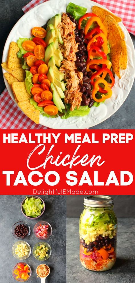 This simple Chicken Taco Salad recipe is the perfect healthy lunch for packing and taking to work! Loaded with savory shredded chicken, black beans and veggies, this taco salad will be your new favorite meal prep salad idea! || Delightful E Made Lunch To Pack For Work, Chicken Taco Salad Recipe, Easy Chicken Taco, Prep Salad, Meal Prep Chicken, Chicken Black Beans, Taco Salad Recipe, Healthy Tacos Salad, Chicken Taco Salad