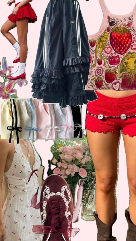 Coquette sport casual red pink bow flower summer ruffle outfit inspiration red heels bloomer shorts cowboy boots Shorts Cowboy Boots, Bloomer Outfit, Shorts And Cowboy Boots, Pink Bloomers, Strawberry Aesthetic, Bloomer Shorts, Ruffle Outfit, Ruffle Bloomers, Kawaii Goth