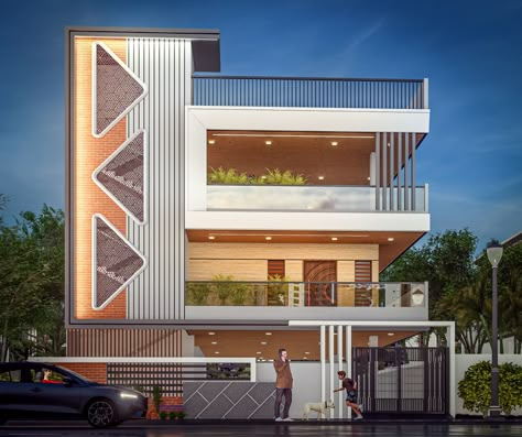 Front Tower House Elevation, 2 Floors Building Elevation Modern, G+1elevation Design, G 2 House Elevation Ideas, 30x40 Elevation Design, Elevation For G+2, Elevation Design For G+2, Front Elevation Designs G+1 Floor, G 2 Elevation Design Modern