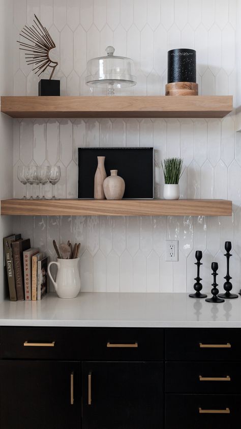 Small Kitchens With Open Shelving, Kitchen Backsplash Ideas With White Oak Cabinets, Floating Shelves Kitchen Dark Cabinets, Tile Backsplash Bar Area, Wine Bar Backsplash Ideas, Backsplash For Bar Area, Modern Kitchen Apartment Decor, Bar Area Backsplash, Subway Tile Bar Backsplash