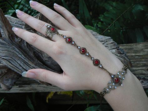 red swaroski slave bracelet Panjas Bracelet, Steampunk Vampire, Vampire Gothic, Hand Flower, Swarovski Bracelet, Funky Jewelry, Hand Chain, Moon Goddess, Filigree Ring