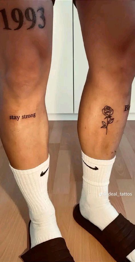 Ankle Date Tattoo, 777 Leg Tattoo, Leg Tattoos Minimal, Calf Tattoo Men Simple, Knee Number Tattoo, Word Leg Tattoos, Simple Tattoos Men Leg, Men Calf Tattoo, Men's Leg Tattoos