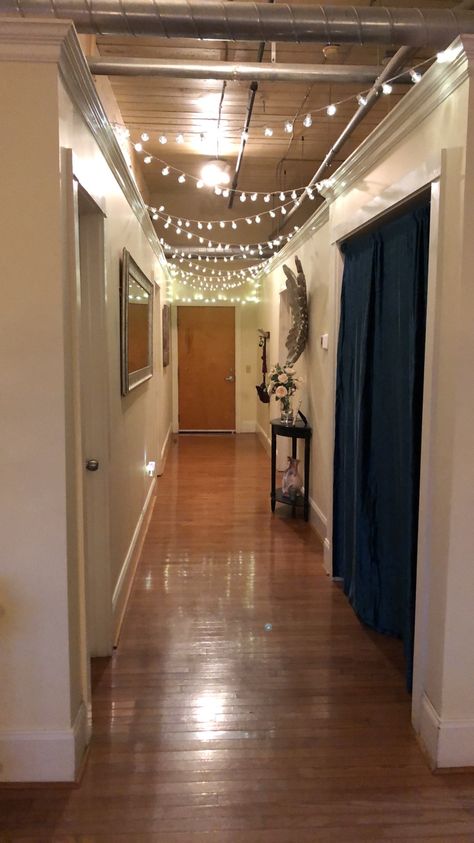 Loft twinkle lights hallway Hanging Lights In Hallway, Fairy Lights Basement Ceiling, Fairy Lights In Hallway, Fairy Lights Hallway, Twinkle Little Lights On Ceiling, Christmas Light Hallway Ceiling, Twinkle Lights Apartment, Hallway Fairy Lights, Ceiling Lights Aesthetic