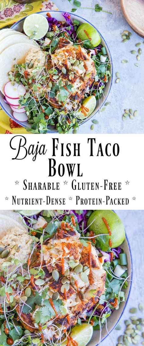 Fish Bowl Recipe, Fish Taco Bowl, Halibut Tacos, Baja Fish Tacos, Halibut Recipes, Taco Bowl, Red Chili Sauce, Healthy Bowls Recipes, Avocado Crema