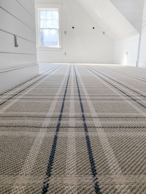 Lake House Carpet, Bonus Room Carpet Ideas, Blue Plaid Carpet, Walk To Wall Carpet, Plaid Carpet Living Room, Plaid Wall To Wall Carpet, Cape Floor Plans, Wall To Wall Carpet Ideas, Cabin Carpet