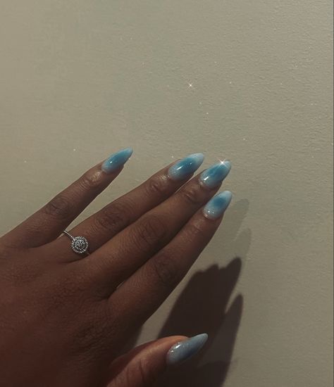 Glacier Blue Nails, Nails To Go With Light Blue Dress, Light Blue Pearl Nails, Light Blue Aura Nails, Clear Blue Nails, Light Blue And White Nails, Blue Pearl Nails, Aura Nails Blue, Blue Jelly Nails