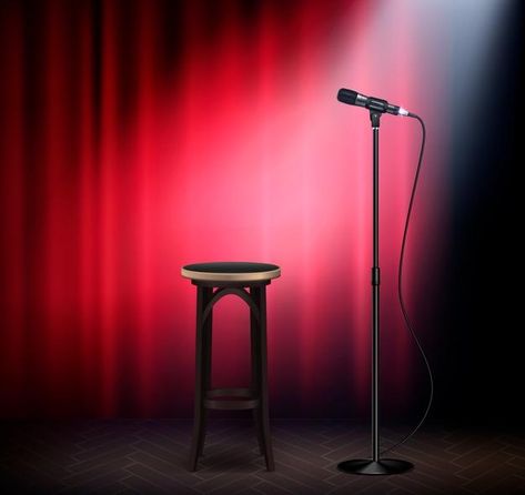 Premium Vector | Comedy show theater scene with red curtains realistic illustration Microphone Images, Stand Up Show, Retro Vector Illustration, Corkboard Ideas Decor, Music Illustration, Retro Vector, Flyer And Poster Design, Red Curtains, Stand Up Comedy