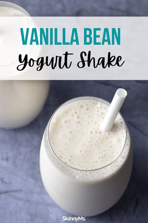 Vanilla Bean Yogurt Shake Yogurt Shake Recipes, Healthy Vanilla Milkshake, Vanilla Yogurt Smoothie Recipes, Smoothie With Vanilla Yogurt, Things To Put In Yogurt, Vanilla Bean Protein Shake Recipes, Greek Yogurt Milkshake, Protein Shakes With Greek Yogurt, Healthy Milkshake Recipes Smoothies