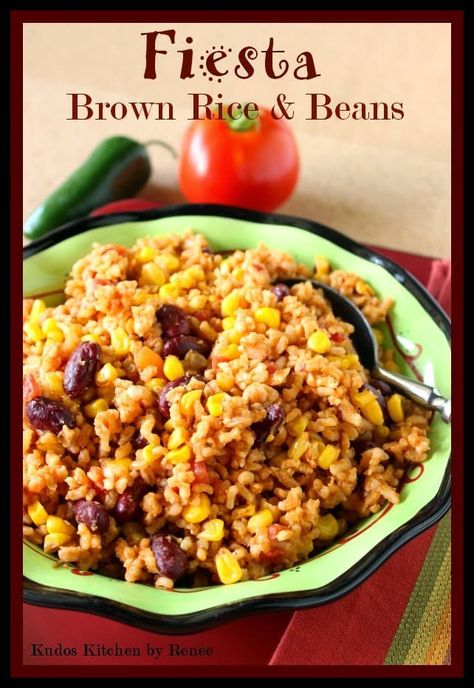 Mexican Brown Rice and Beans Recipe - Kudos Kitchen by Renee Brown Rice And Beans Recipe, Sweet Potato Donut Recipe, Brown Rice And Beans, Potato Donuts Recipe, Mexican Brown Rice, Rice With Beans, Potato Donuts, Mashed Sweet Potato, Pinto Bean Recipes