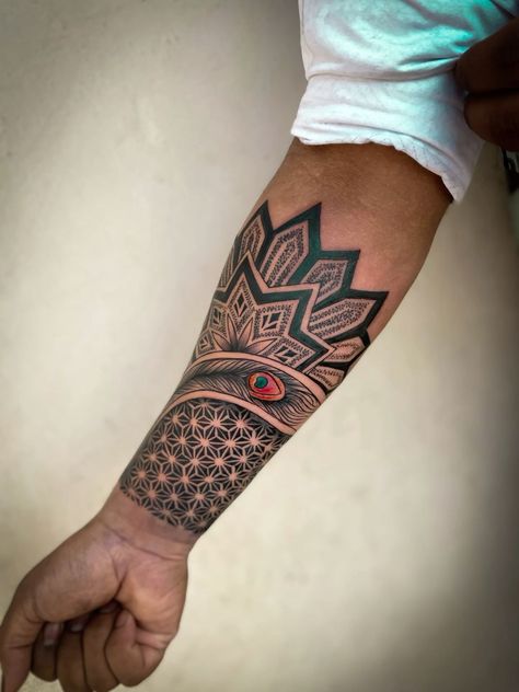 Forearm Tattoos Mandala, Forearm Mandala Tattoo, Calf Tattoo Ideas, Mandala Tattoo Men, Jack Skellington Tattoo, Hindu Tattoos, Mandala Tattoo Sleeve, Dr Woo, Armband Tattoos