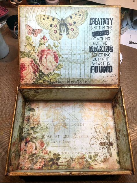 CREATIVITY IS CONTAGIOUS: APRIL'S ART ADVENTURE ~ AN ALTERED CIGAR BOX FOR CREATIVE CARTE BLANCHE                                                                                                                                                      More Memory Box Painting Ideas, Painted Memory Boxes, Memory Box Ideas Diy, Decoupage Book Box Ideas, Wood Memory Box Diy, Cigarbox Ideas, Memory Items, Altered Box, Birds Chirping