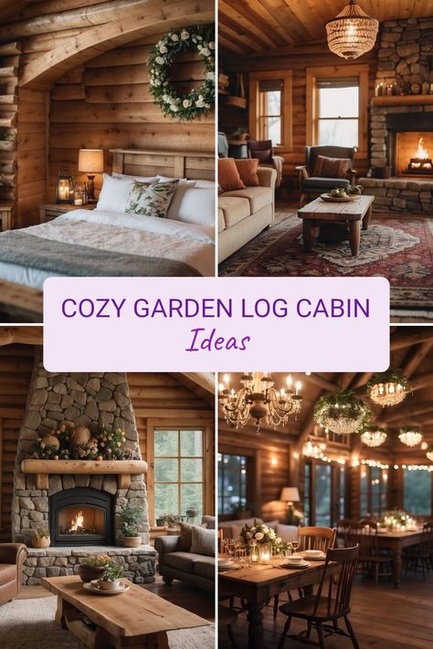 Transform your garden with these cozy log cabin interior ideas! Picture beautiful living spaces featuring rustic wooden furniture, soft vintage Persian rugs, and large stone fireplaces that invite warmth. Imagine large windows framing the views of blooming flowers and shady trees. A floral wreath could brighten your walls, while fairy light chandeliers bring a gentle sparkle to your space. These creative designs will inspire you to create a welcoming retreat right in your backyard. Discover how you can mix rustic and modern elements for the perfect log cabin vibe! Cedar Room Ideas, Log Cabin Stone Fireplace, Cozy Cabin In The Woods Interiors, Small Log Cabin Homes Interior, Cozy Log Cabin Interior, English Cabin, Log Cabin Decorating Ideas, Log House Interior, Modern Log Cabin Interior