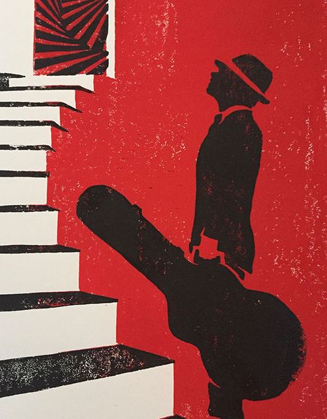 See you on the other side. linoleum cut rock poster for the band howling black soul by Aaron von Freter. gig poster, custom typography, guitar player, stairway, musician See You On The Other Side, Guitar Linocut, Soul Music Poster, Music Art Diy, Intaglio Printing, Jazz Posters, Jazz Painting, Black Musicians, Arte Jazz