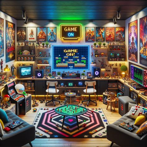 Step into a high-tech gaming paradise, featuring a high-end gaming setup, vintage game memorabilia, and an arcade section. Neon signs, action figures, and game-themed decor create a vibrant atmosphere for epic gaming nights. #GamingRoom #ManCave #RetroGames #ArcadeGames #GameDecor #GamingSetup Gaming Man Cave, Tech Setup, Game Center, James Lafferty, Game World, Gaming Tech, Future Style, Boys Bedroom Decor, Gaming Decor