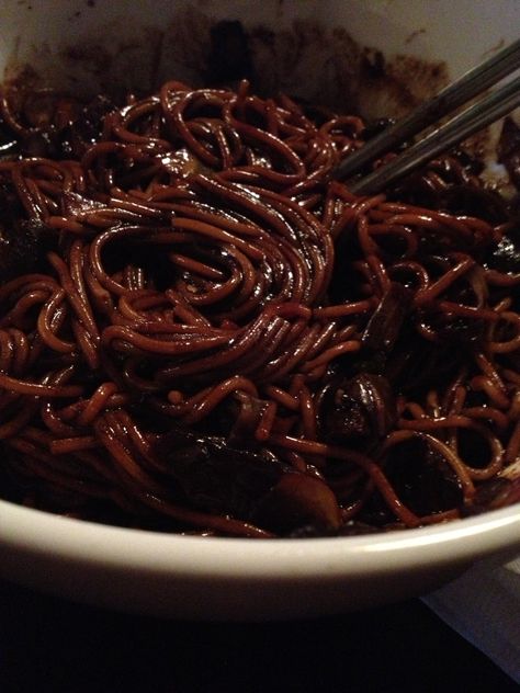 Black Bean Noodles Aesthetic, Noodles Aesthetic Korean, Black Bean Ramen, Black Bean Noodles Korean, Black Noodles, Black Bean Noodles, Bean Noodles, Live Deliciously, Antlers Decor