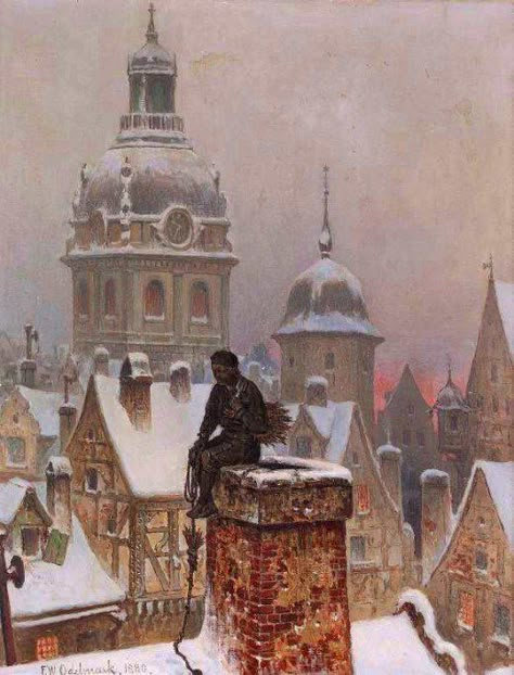 A chimney sweep apprentice in Germany. The chimney sweep apprentices were especially busy just before people started the Christmas cooking and entertaining. Illustration Kunst, Galleria D'arte, Chimney Sweep, Art Et Illustration, Vintage Oil Painting, Winter Art, Art And Illustration, Iron Art, Pics Art