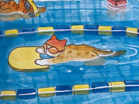 Flirty Aesthetic, Sleeping Illustration, Cat Swimming, In The Pool, Cute Little Drawings, Silly Cats, Funky Art, Cute Illustration, Art Reference Photos