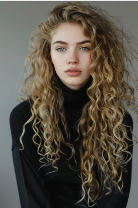 Young woman with wavy blonde hair and striking blue eyes wearing a black turtleneck. Face Framing Curls, Hairstyle For Girl, Long Layered Curly Hair, Hairstyles For Hot Weather, V Shape Hair, Hair Motivation, Medium Box Braids, Layered Curly Hair, Medium Layered Haircuts