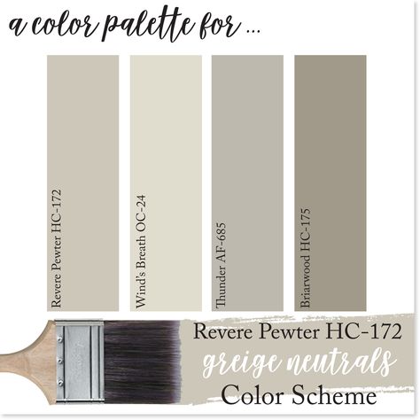 This Revere Pewter Color Scheme is the perfect shades of greige neutrals! Benjamin Moore's Revere Pewter is the star of this color palette that also features, Wind's Breath, Thunder and Briarwood. Check out more on our BLOG! Revere Pewter Color Scheme, Pewter Color Scheme, Revered Pewter Color Scheme, Pewter Revere, Relaxing Color Schemes, Light Paint Colors, Revere Pewter Benjamin Moore, Best Neutral Paint Colors, Bold Paint Colors