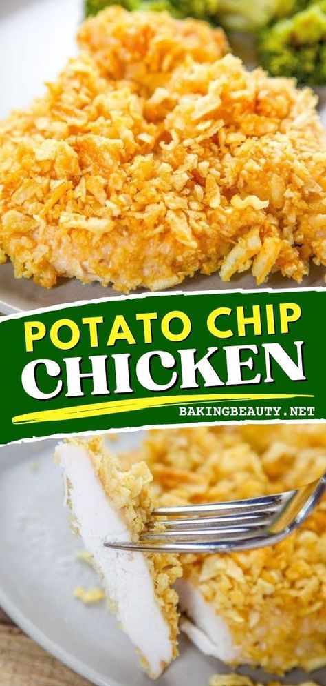 Make your dinner extra special with this easy potato chip chicken! Plus, it's gluten-free! It is made with juicy chicken breasts coated in crispy crunchy potato chips. This is a must-try recipe! Chip Chicken, Potato Chip Chicken, Potato Chip Recipes, Crunchy Potatoes, Crushed Potatoes, Chicken And Chips, Creamed Potatoes, Chicken Tender Recipes, Potato Chip