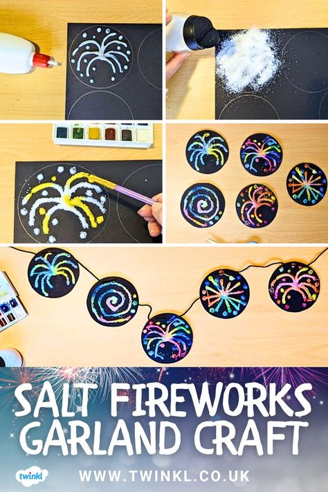 Salt Fireworks Garland Craft Firework Crafts For Kids, Bonfire Crafts, Fireworks Craft For Kids, Garland Craft, Fireworks Craft, Guy Fawkes, Fireworks Show, Bonfire Night, Key Dates