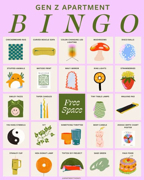 You're Truly Gen Z If You Win This Bingo Game Gen Z Interior Design Trends, Gen Z Decor Trends, Gen Z Design Aesthetic, Gen Z Room Aesthetic, Gen Z Apartment, Gen Z Decor, Gen Z Room, Bingo Aesthetic, Millennial Apartment