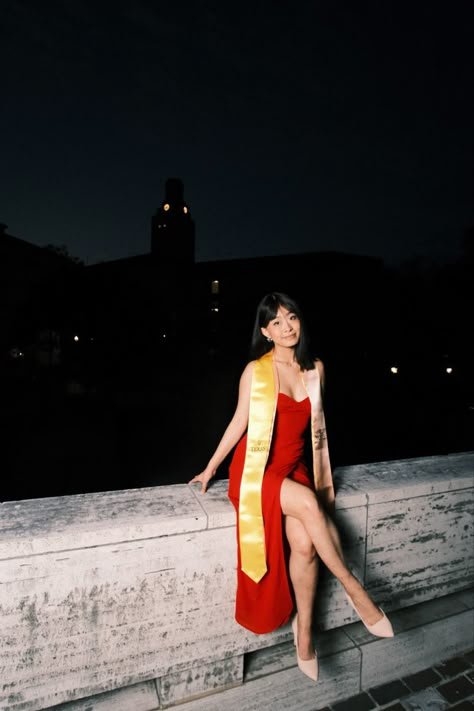 Graduation Pictures At Night, Red Dress Graduation Pics, Nighttime Graduation Pictures, Grunge Graduation Pictures, Night Time Graduation Photos, Stem Graduation Pictures, Graduation Pictures Unique, Edgy Graduation Pictures, Fun Graduation Pictures College