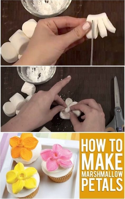 DIY Marshmallow Flower Shaped Cupcake Topper (Video) #diy #food #cake deocration Marshmallow Decoration Ideas, Marshmallow Flower Cupcakes, Marshmallow Flower, Marshmallow Flowers, Cookies Cupcake, How To Make Marshmallows, Cupcake Decorating, Flower Cupcakes, Pretty Flower