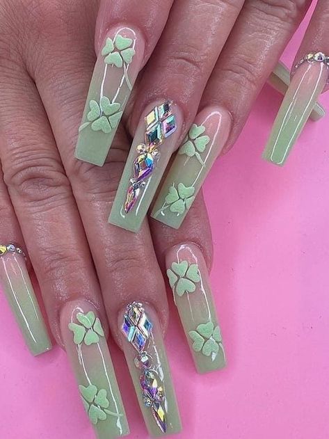 long acrylic mint ombre nails with shamrocks and gems San Patrick Nails, St Patricks Day Nails Acrylic Coffin, Shamrock Nails Design, St Patrick’s Nails, Saint Patrick’s Day Nails, St Patricks Day Nails Simple, March Nail Art, St Pattys Day Nails, Holiday Nail Set