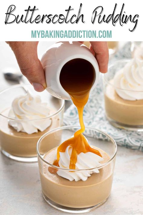 Rich and creamy with deep caramel notes, homemade butterscotch pudding is a little spoonful of comfort. This recipe is easy to make and tastes so much better than the store-bought stuff! Butterscotch Pudding Recipes, Current Recipes, Homemade Butterscotch, Vanilla Pudding Recipes, Butterscotch Recipes, Butterscotch Candy, Homemade Chocolate Pudding, Cake Mug, Butterscotch Pudding