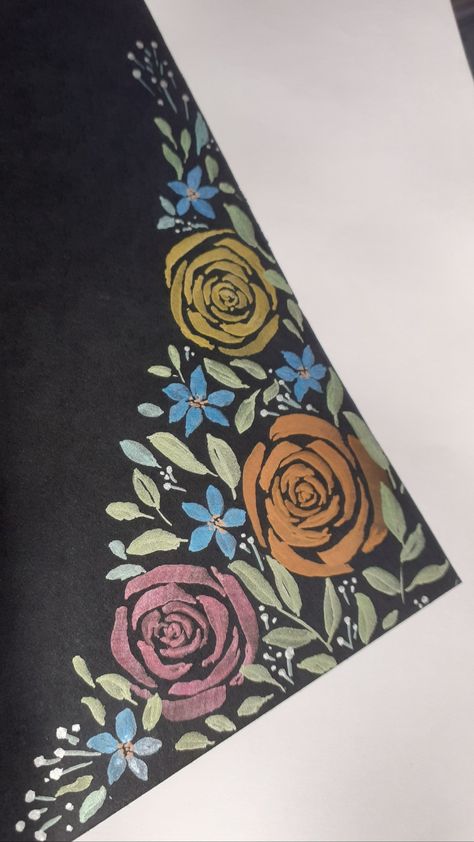 #doms #metallicpainting #florals #blackpaper #metallics Metallic Brush Pen Art, Black Chart Paper Border Design, Metallic Pen Art On Black Paper, Black Project File Cover Decoration Ideas, File Decoration Ideas Cover, Vintage Camper Art, School Chalkboard Art, Chalk Markers Art, Project Cover